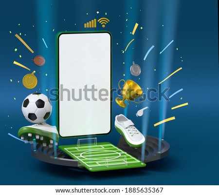 football concept with white screen smartphone template mockup. 3d illustration. football balls football field isometric in a football stadium mockup. sport online application. sport live streaming.