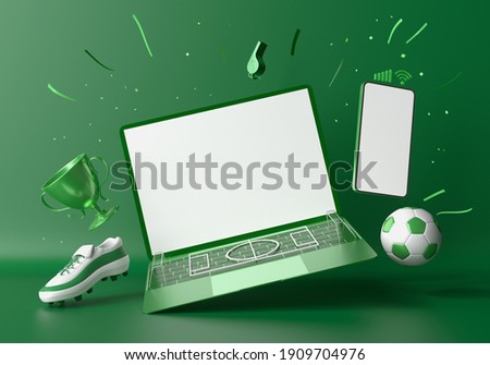 football concept with white screen smartphone and laptop template mockup. 3d illustration. football balls football field isometric in a football stadium. sport online application. sport live streaming