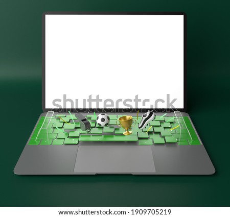 football concept with white screen laptop template mockup. 3d illustration. football balls football field isometric in a football stadium mockup. sport online application. sport live streaming.