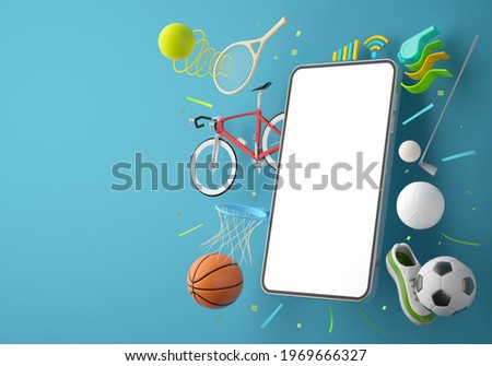 sport live online from a smartphone. sport competition program. game application. white screen mobile. sport online game. golf football volleyball tennis object. background copy space. 3d rendering.