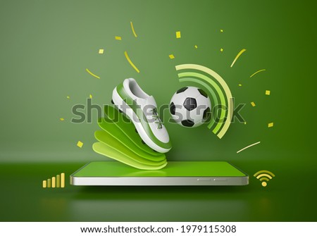 football live online from a smartphone. sport competition program. football balls object. football game appication. white screen mobile mock up. sport online game. background copy space. 3d rendering
