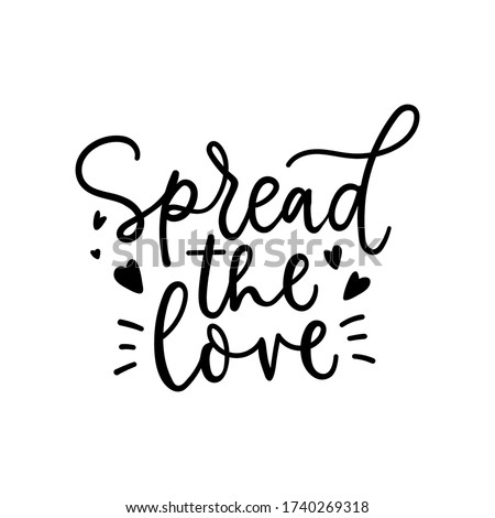 Spread the love lettering card with hearts vector illustration. Inspirational hand written quote. Positive phrase for posters, t-shirts, cards, prints. Isolated on white backdrop