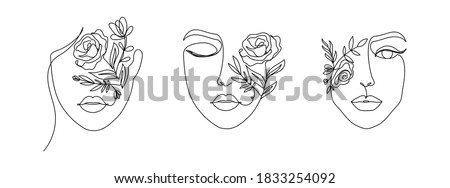 Women's faces in one line art style with flowers and leaves.Continuous line art in elegant style for prints, tattoos, posters, textile, cards etc. Beautiful women face Vector illustration Stockfoto © 