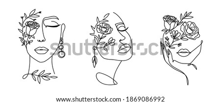 Elegant women's faces in one line art style with flowers.Continuous line art in minimalistic style for prints, tattoos, posters, textile, cards etc. Beautiful female fashion face Vector illustration
