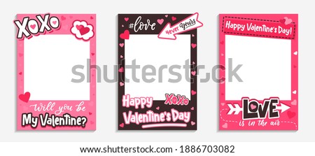 Printable Valentine's Day photo frames with pink hearts, xoxo inscription, love hashtag and quotes. Will you be my Valentine template. Happy Valentine's day photo booth prop. Vector illustration