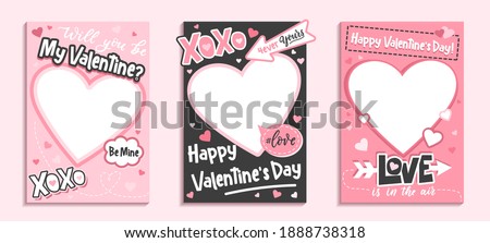Valentine's Day colorful photo frame and backgrounds with pink hearts and love quotes. Will you be my Valentine printable photo template. Happy Valentine's day photo booth props set. Vector illustration