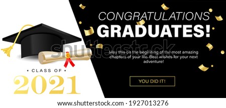 Congratulations graduates banner concept. Class of 2021. Graduation design template for websites, social media, blogs, greeting cards or party invitations.University or High school graduation congrats
