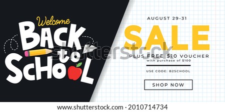 Back to school sale banner design template. Welcome back to school background. Flat style vector illustration for retail marketing promotion. Trendy school shopping concept with lettering.