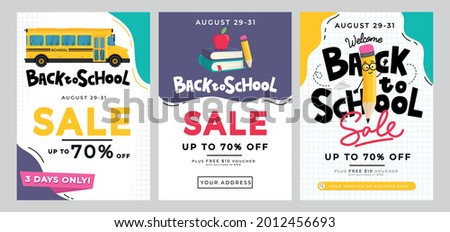 Back to school sale banners, card, poster set with school supplies. Yellow pencil, apple, school bus, paper plane on colorful backgrounds. School shopping vector illustration. Education concept