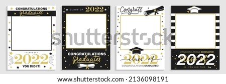 Class of 2022. Graduation party photo booth props set. Photo frame for grads with caps and scrolls. Congratulations graduates concept with lettering. Vector illustration. Gold and black grad design. Foto d'archivio © 