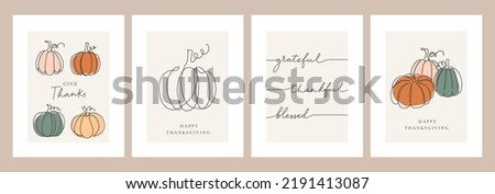 Happy Thanksgiving neutral greeting cards set with one line art pumpkins and lettering. Modern fall holiday background set vector illustration. Single line fall decorative posters.