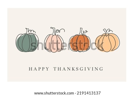 Happy Thanksgiving rustic greeting card with one line art pumpkin icon. Minimalist fall holiday background vector illustration. Continuous line autumn design for invitation, greeting card, banner