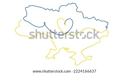 Peace to Ukraine concept with heart and Ukraine map. Support Ukraine art in the colors of the Ukrainian flag. Simple line drawing vector illustration for charity or humanitarian concept, tattoo, logo