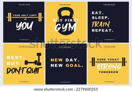 Modern templates with motivational quotes for social networks. Gym motivational and inspirational design templates for post, poster, logo etc. Workout vintage design with barbell. Vector illustration