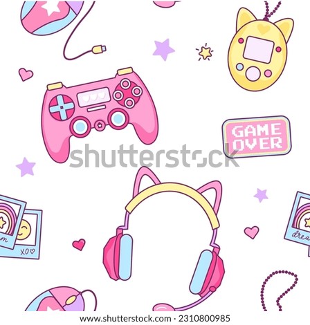 Gamer girl colorful seamless pattern. Vector illustration flat style. Cute game girl Cartoon endless texture with girly decor: Cat ear headphones, controller, rainbow, mice, game over pixel sign.