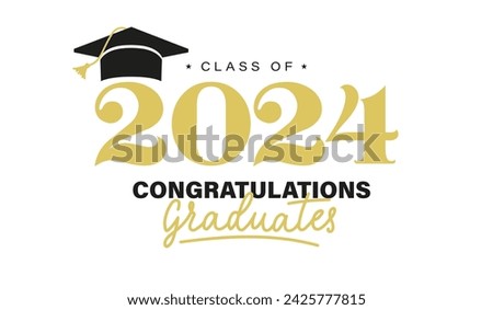 Class of 2024 graduation typography template. Congratulations graduates celebration design for college, high school, university. Tassel and cap vector illustration. Educational milestone graphic art.