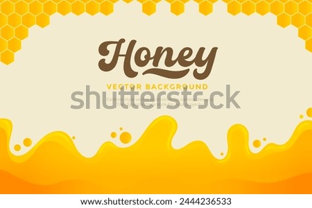 Dripping honey background. Cartoon liquid honey. Golden yellow honey syrup with honeycomb, drops and splashes. Flat style Vector illustration