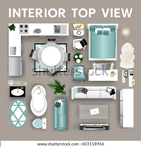 Set top view for interior. Modern interior design elements of living room kitchen bedroom and bathroom furniture design elements.Vector illustration.