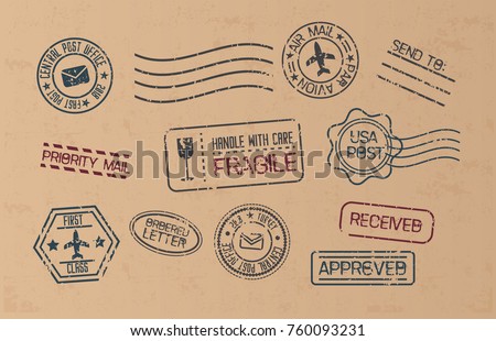 Post marks set on craft paper Background. Set of Blank Postage Stamps. Vector illustration 商業照片 © 