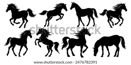 set of black horse silhouettes in different poses. Ink sketch of a horse running, jumping, rearing. Vector isolated on white background.