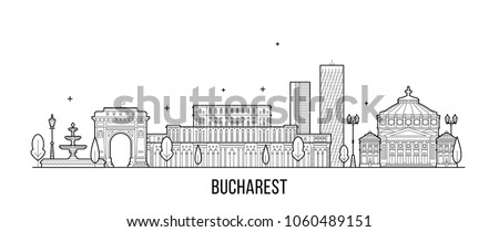 Bucharest skyline, Romania. This illustration represents the city with its most notable buildings. Vector is fully editable, every object is holistic and movable