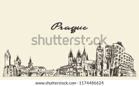 Prague skyline, Czech Republic, hand drawn vector illustration, sketch