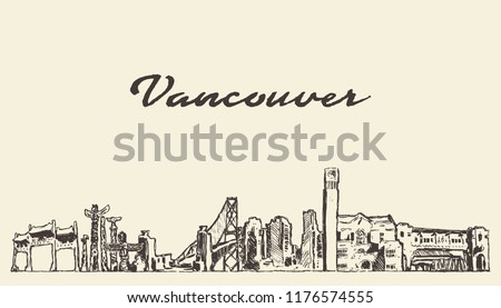 Vancouver skyline, Canada, hand drawn vector illustration, sketch