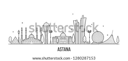 Nur-Sultan (Astana) skyline, Kazakhstan. This illustration represents the city with its most notable buildings. Vector is fully editable, every object is holistic and movable