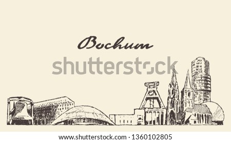 Bochum skyline, North Rhine-Westphalia, Germany, hand drawn vector illustration, sketch