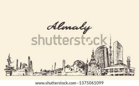 Almaty skyline, Kazakhstan, hand drawn vector illustration, sketch