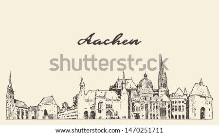 Aachen skyline, Aachen, North Rhine-Westphalia, Germany, hand drawn vector illustration, sketch