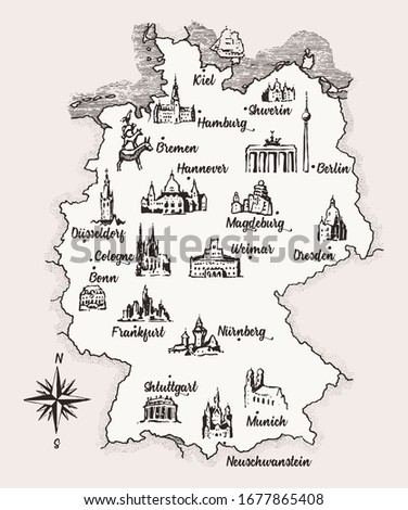 Map of Germany, old school style, vintage retro design, engraved vector illustration, sketch