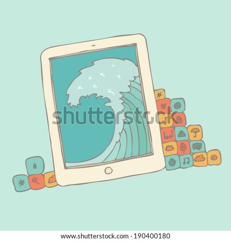 new technologies concept, cell mobile, smartphone, iPad, vector illustration, hand drawn