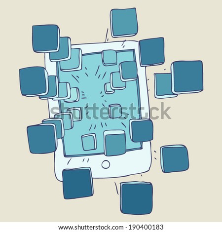 new technologies concept, cell mobile, smartphone, iPhone, iPad, vector illustration, hand drawn