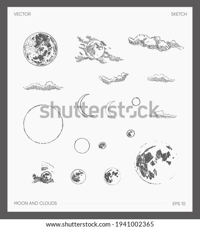 Collection of high detail hand drawn vector illustration of moon and clouds, sketch