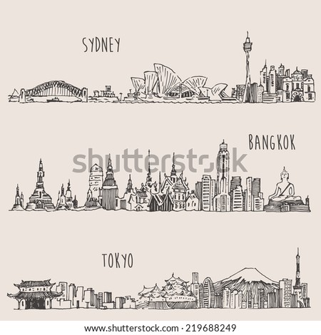 Sydney, Bangkok, Tokyo, big city architecture, vintage engraved illustration, hand drawn, sketch