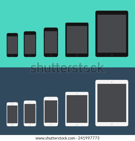 Electronic device phone and tablet (Iphone 5S, Iphone 6, Iphone 6 plus, Ipad mini, Ipad air) trendy flat icons. Vector illustration.