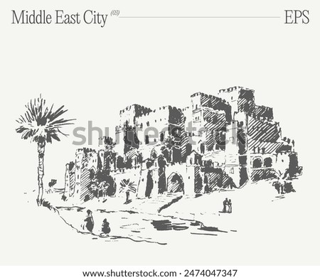 Hand drawn vector illustration of a buildings in the Middle East City, oasis in desert