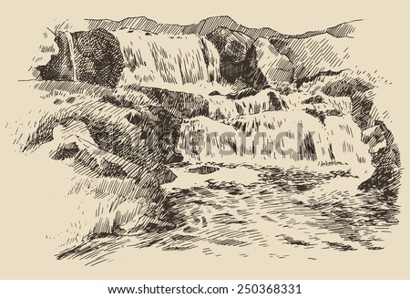 Waterfalls landscape, vintage engraving illustration of beautiful waterfalls, hand drawn