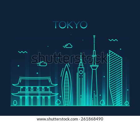 Tokyo City skyline detailed silhouette. Trendy vector illustration, line art style.