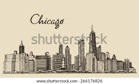Chicago skyline, big city, architecture, engraving vector illustration, hand drawn