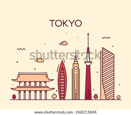 Tokyo City skyline detailed silhouette. Trendy vector illustration, line art style.