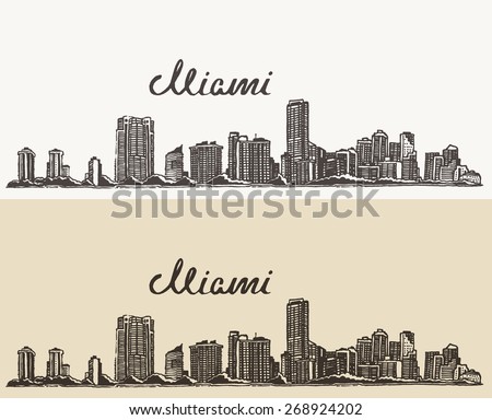 Miami skyline, big city architecture, vintage engraved vector illustration, hand drawn, sketch.