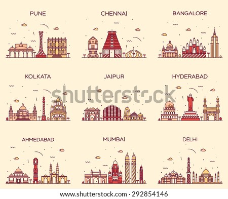 Set of Indian cities skylines. Mumbai, Delhi, Jaipur, Kolkata, Hyderabad, Ahmedabad, Pune, Chennai, Bangalore. Trendy vector illustration, linear style.