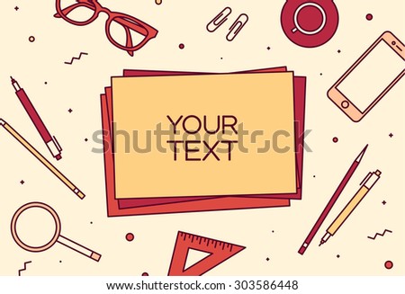 Set of linear vector design illustration of modern business office and workspace. Top view of desk background with laptop, digital devices, office objects with notepad
