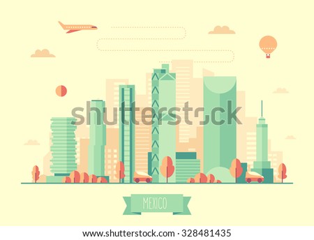 Mexico skyline architecture, vector illustration with plane, cars and air balloon, flat design