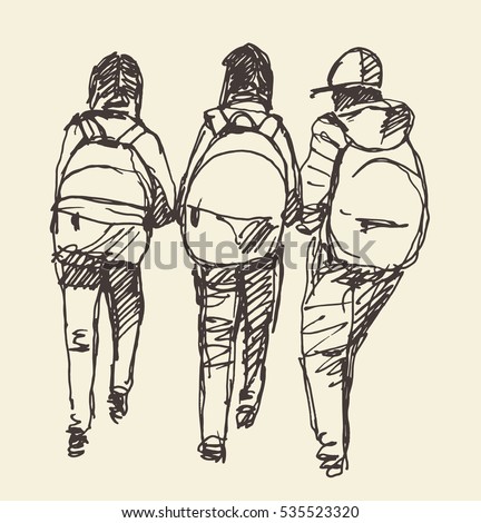 Three pupils of primary school go hand in hand. Vector illustration, sketch