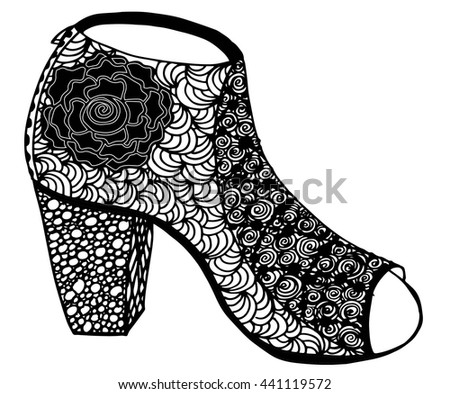 Hand Drawn Outline Ornamental High Heel Shoe Illustration. Abstract