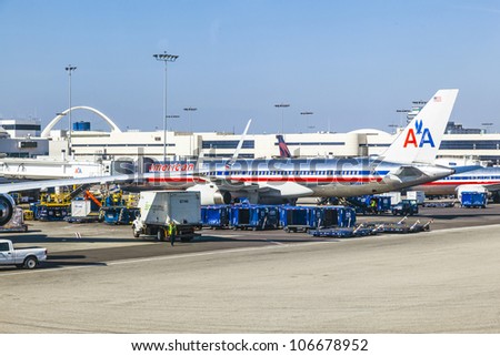 LOS ANGELES, USA - JUNE 9:  American Airlines jet Boeing 767  parking on gate position  on June 9, 2012 in Los Angeles, USA. With 60 million passenger LAX is the third biggest airport in the US.