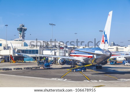 LOS ANGELES, USA - JUNE 9:  American Airlines jet Boeing 767  parking on gate position  on June 9, 2012 in Los Angeles, USA. With 60 million passenger LAX is the third biggest airport in the US.